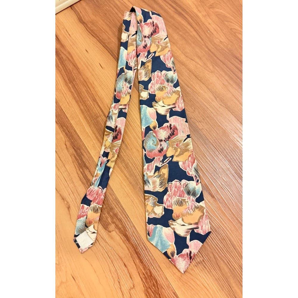 Oscar de la Renta Mens Silk Necktie Navy Blue Pink Abstract Floral Print Tie VTG - Picture 2 of 7